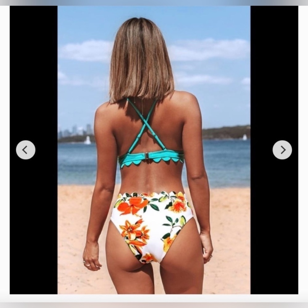 Cupshe Scallop-Trim Bikini Top with Floral High-Waist Bottom - - Picture 3 of 4
